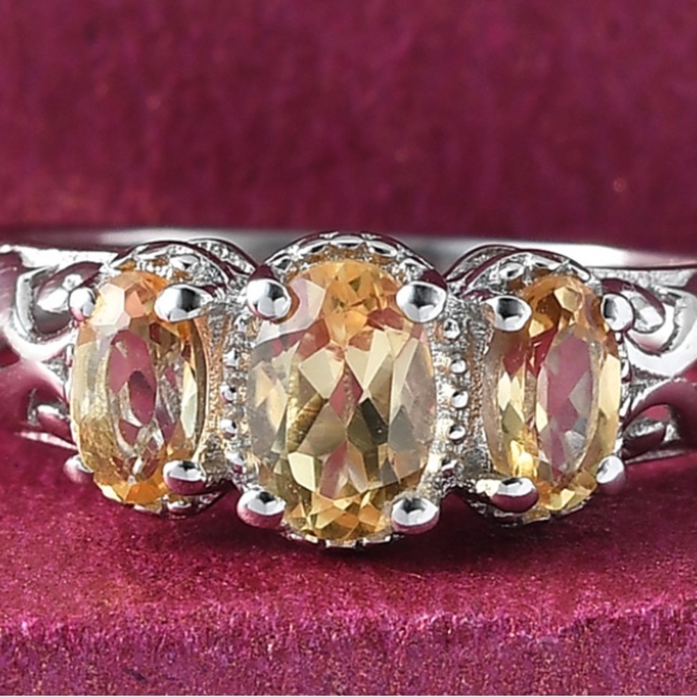 Brazilian Citrine 3 Stone Ring in Platinum Over Sterling Silver, Sz 6, 0.90 ctw